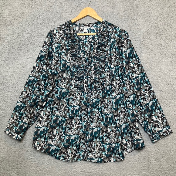 croft & barrow Tops - Croft&Barrow Button Up Blouse Women 2X Plus‎ Teal Office Artsy Ruffle Spring Top